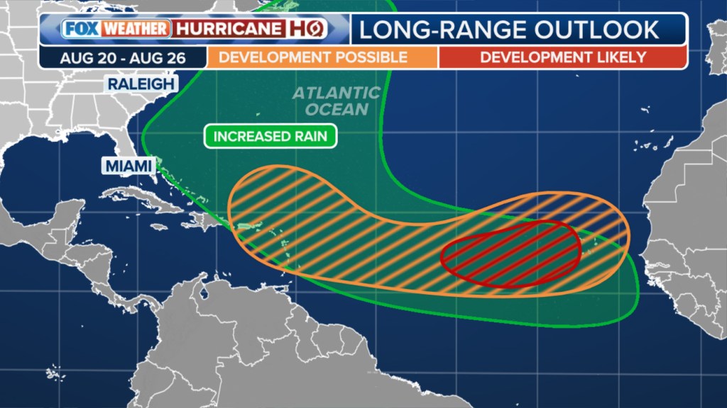 Hurricane Erin long-range outlook map showing possible and likely development areas.
