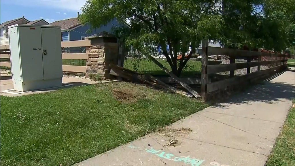 Damaged to a fence after the car crash on June 5, 2023.