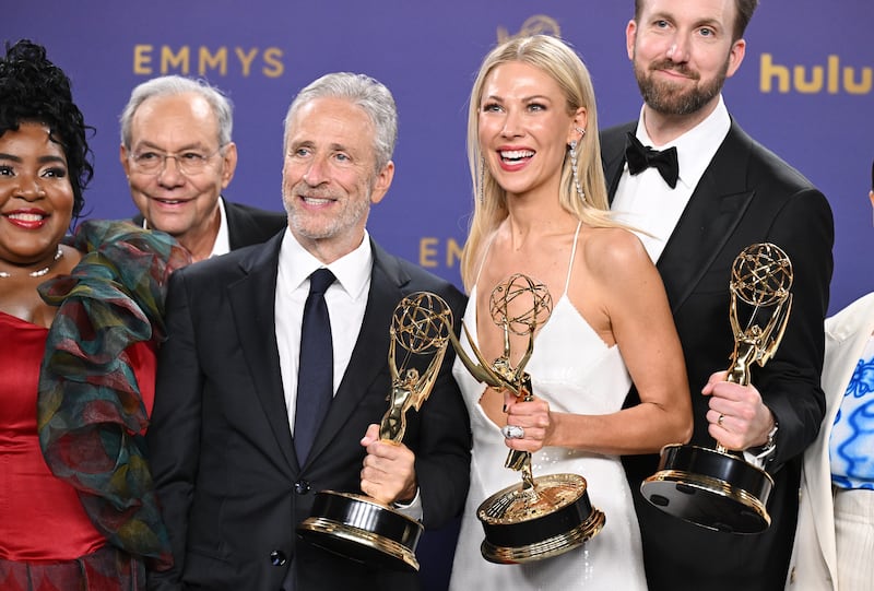 Jon Stewart and Desi Lydic at the 76th Primetime Emmy Awards held at Peacock Theater on September 15, 2024 in Los Angeles, California.  (Photo by Gilbert Flores/Variety via Getty Images)