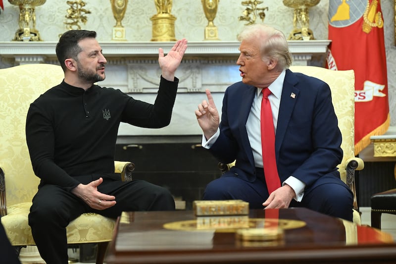 TOPSHOT - US President Donald Trump and Ukraine's President Volodymyr Zelensky meet in the Oval Office of the White House in Washington, DC, February 28, 2025. Zelensky and Trump openly clashed in the White House on February 28 at a meeting where they were due to sign a deal on sharing Ukraine's mineral riches and discuss a peace deal with Russia. 