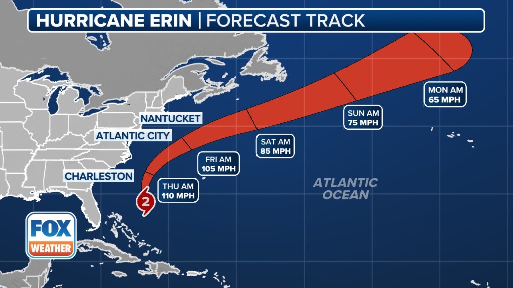 Hurricane Erin forecast track map.