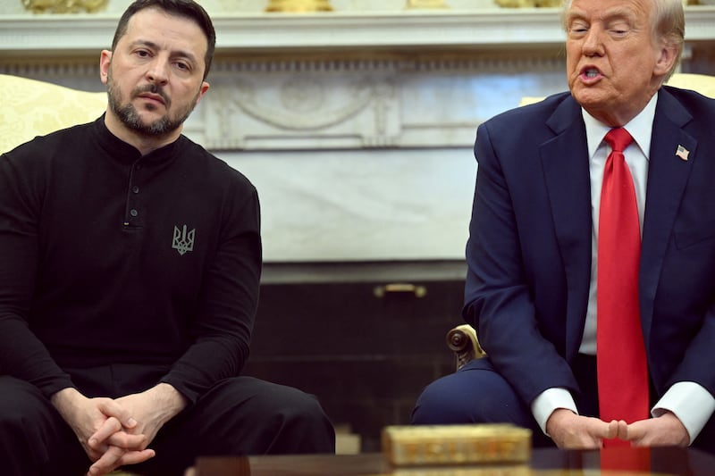 US President Donald Trump and Ukraine's President Volodymyr Zelensky meet in the Oval Office of the White House in Washington, DC, February 28, 2025. Zelensky and Trump openly clashed in the White House on February 28 at a meeting where they were due to sign a deal on sharing Ukraine's mineral riches and discuss a peace deal with Russia. 