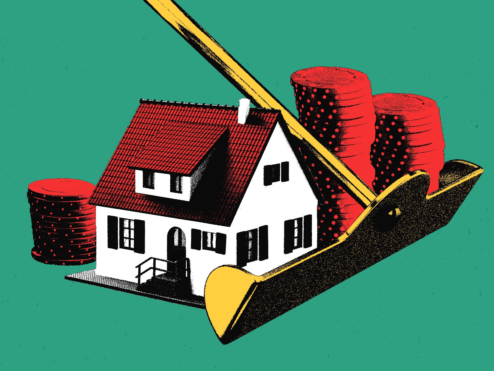 A poker rake pulling in chips and a house