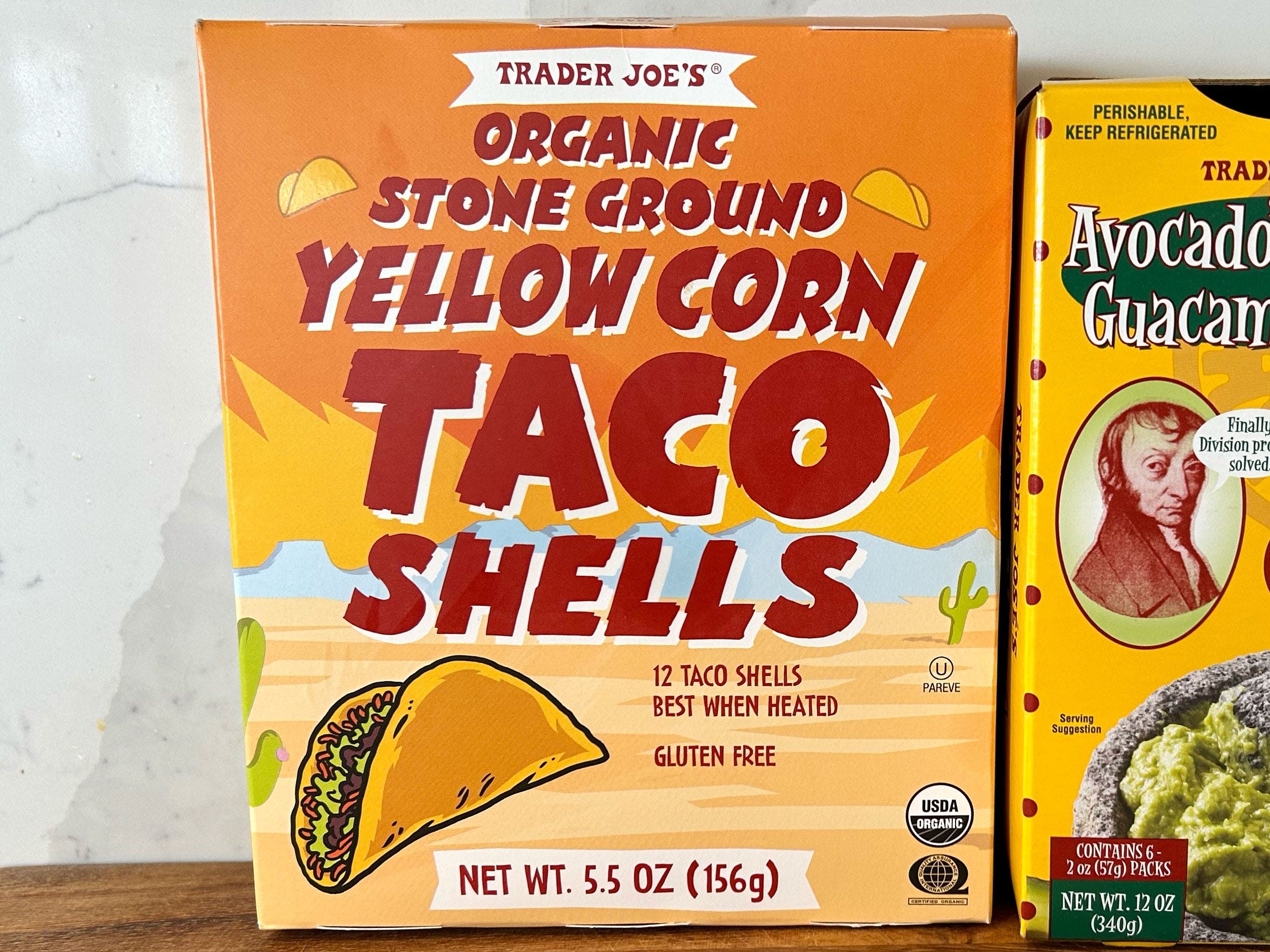 A box of Trader Joe's organic yellow-corn taco shells.