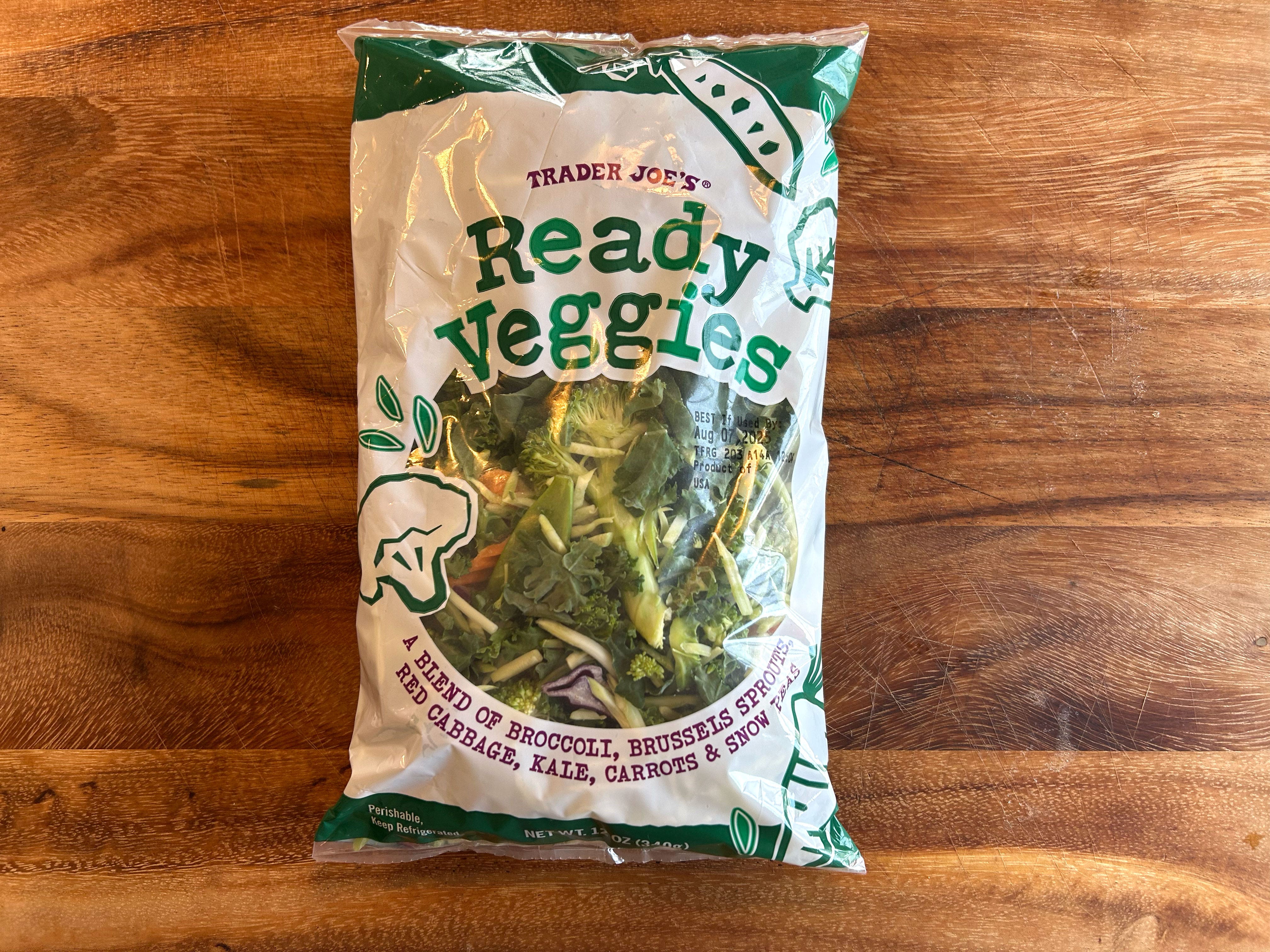 A package of Trader Joe's Ready Veggies on a wooden table.
