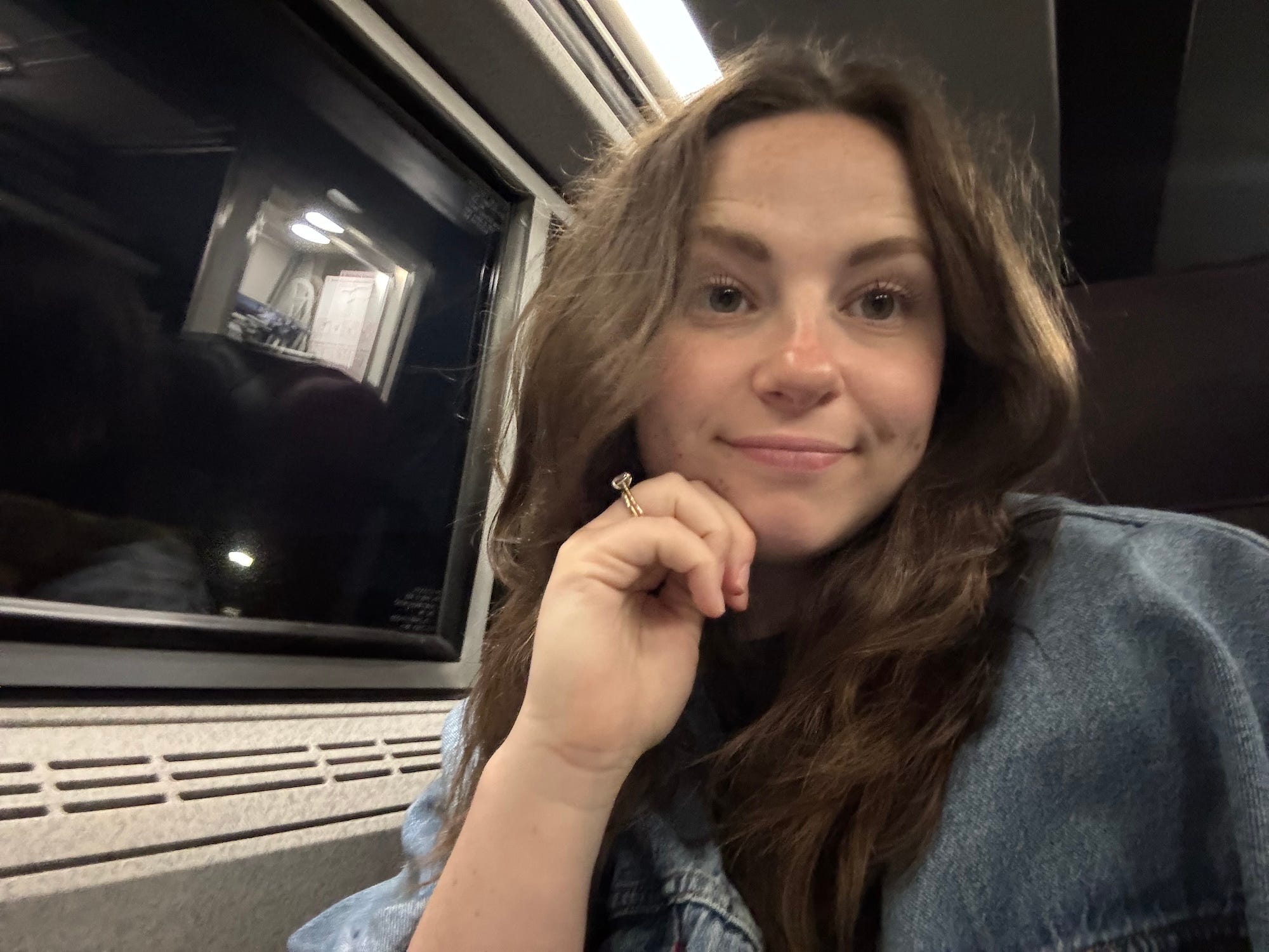 A selfie of a woman sitting on a train. It's dark outside in the nearby window.