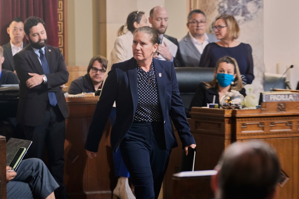 Kristin Crowley at a city council meeting.