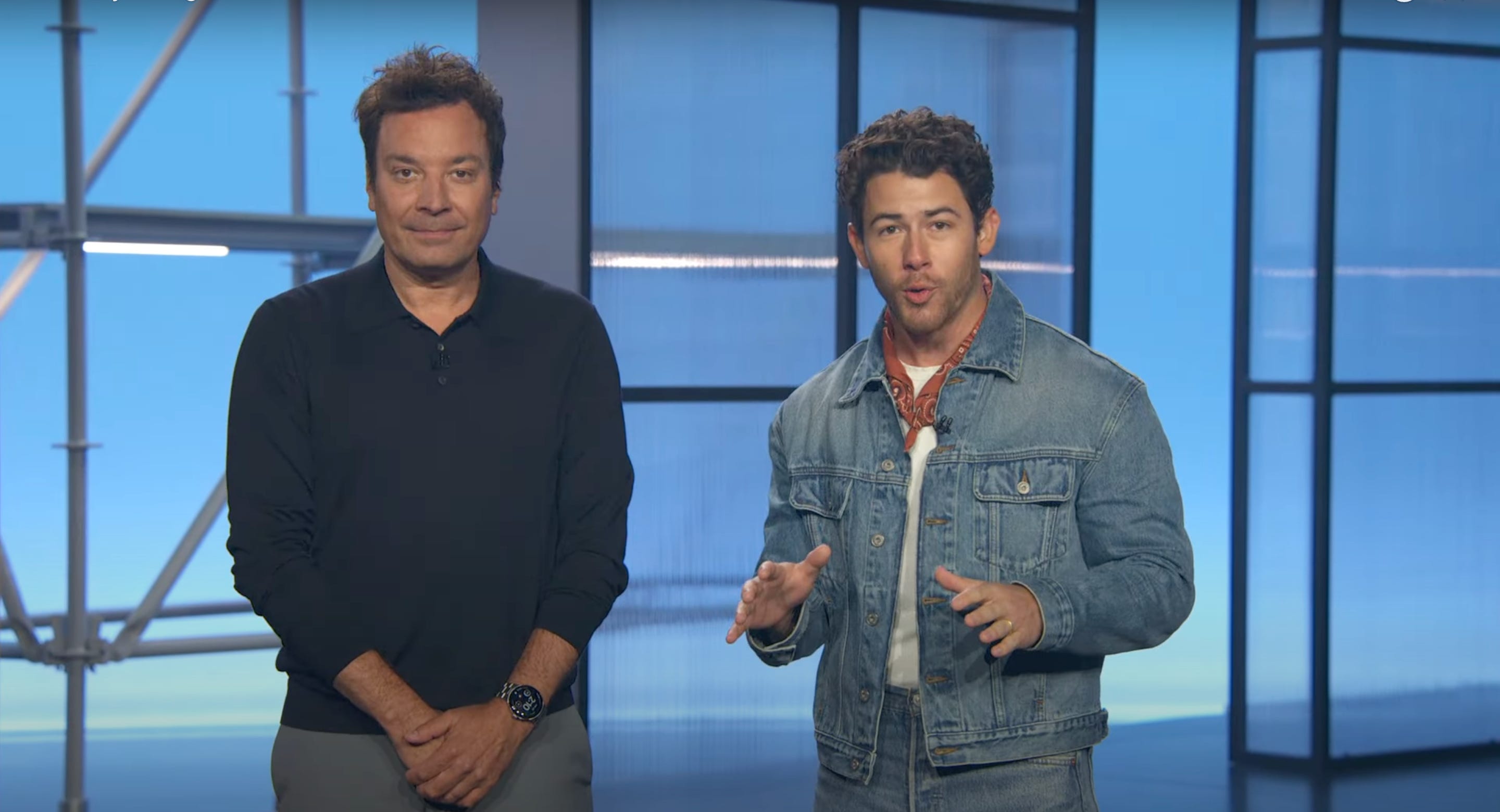 Jimmy Fallon and Nick Jonas onstage at Google's Pixel 10 event.