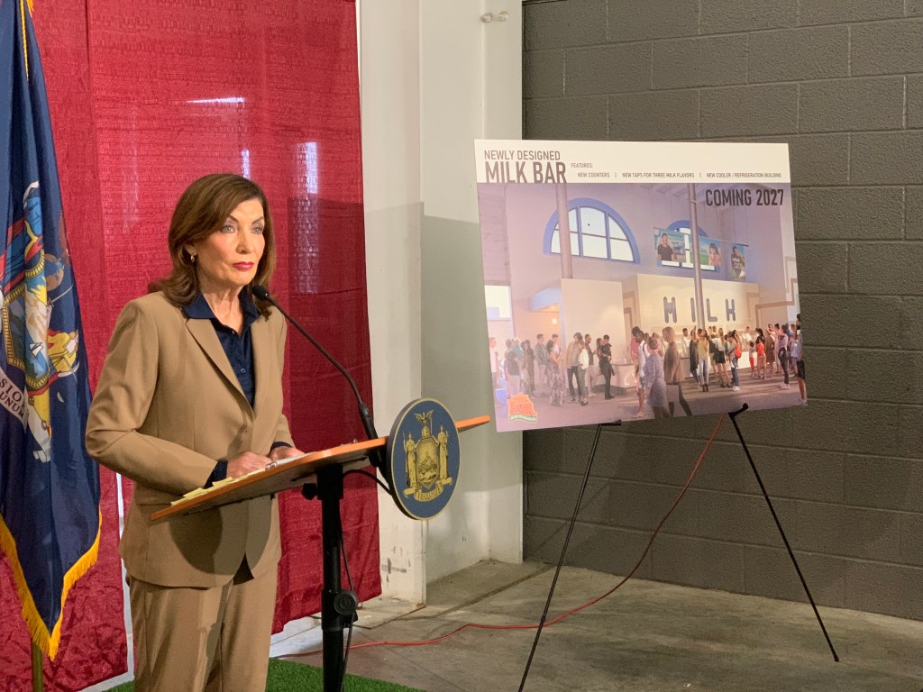 Gov. Kathy Hochul speaking at the launch of the New York State Fair in Syracuse on Aug. 20, 2025.