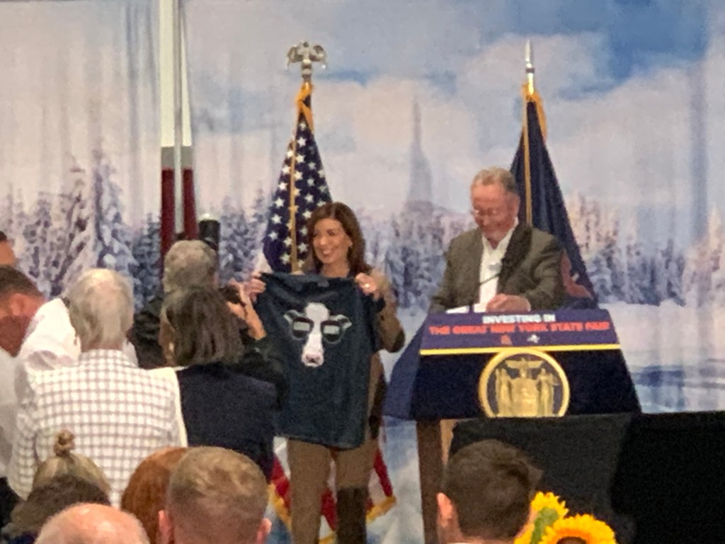 Hochul holding a t-shirt with a cow wearing sunglasses at a press conference.