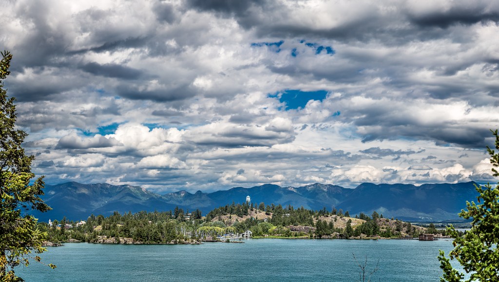View of Flathead Lake with mountains in the background.