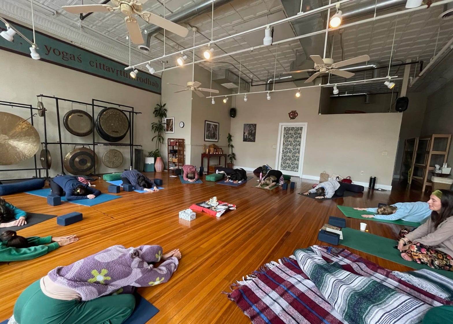 The writer teaching a yoga class in Saratoga Springs, New York.