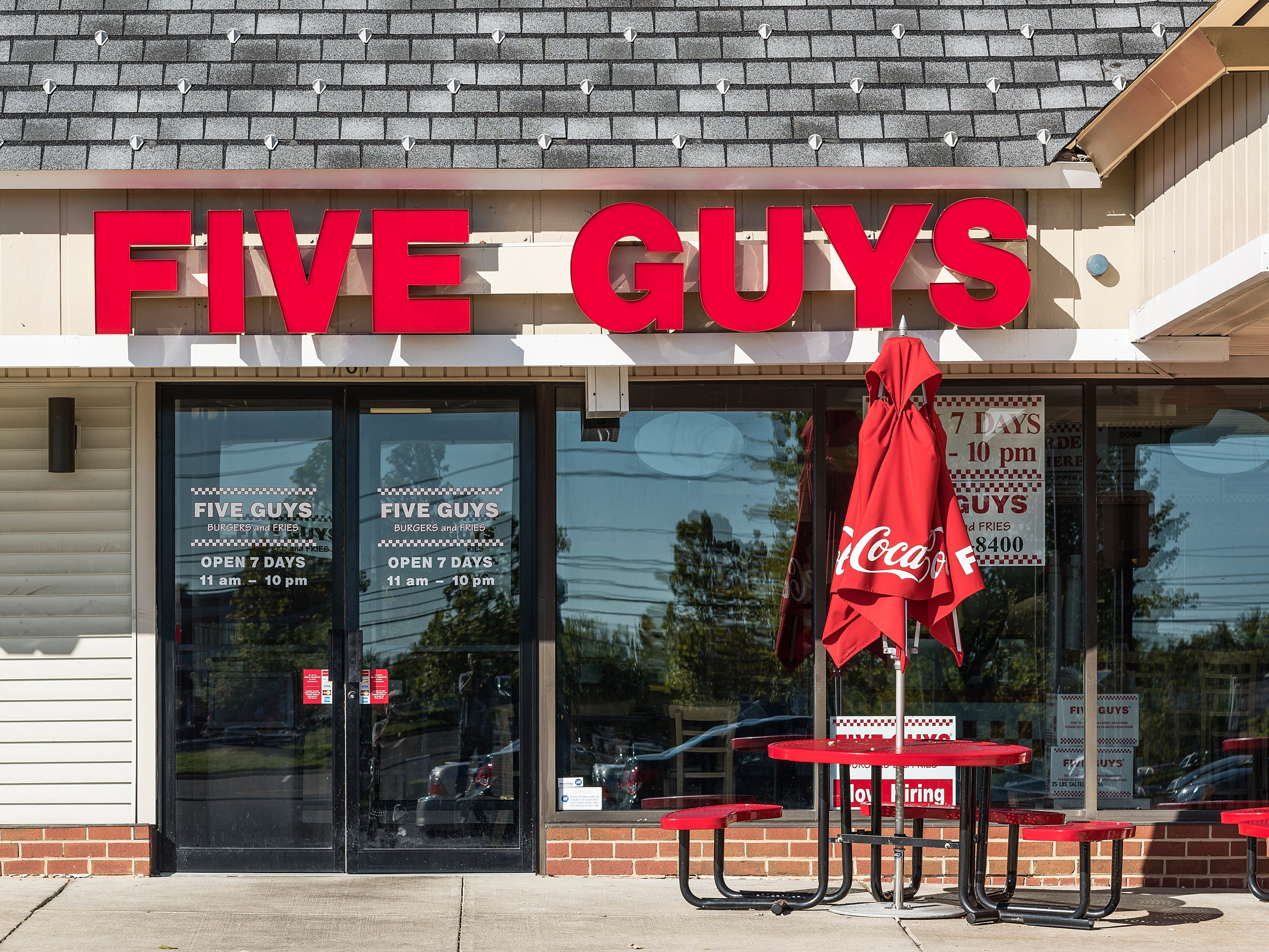 The exterior of a Five Guys restaurant in New Jersey.