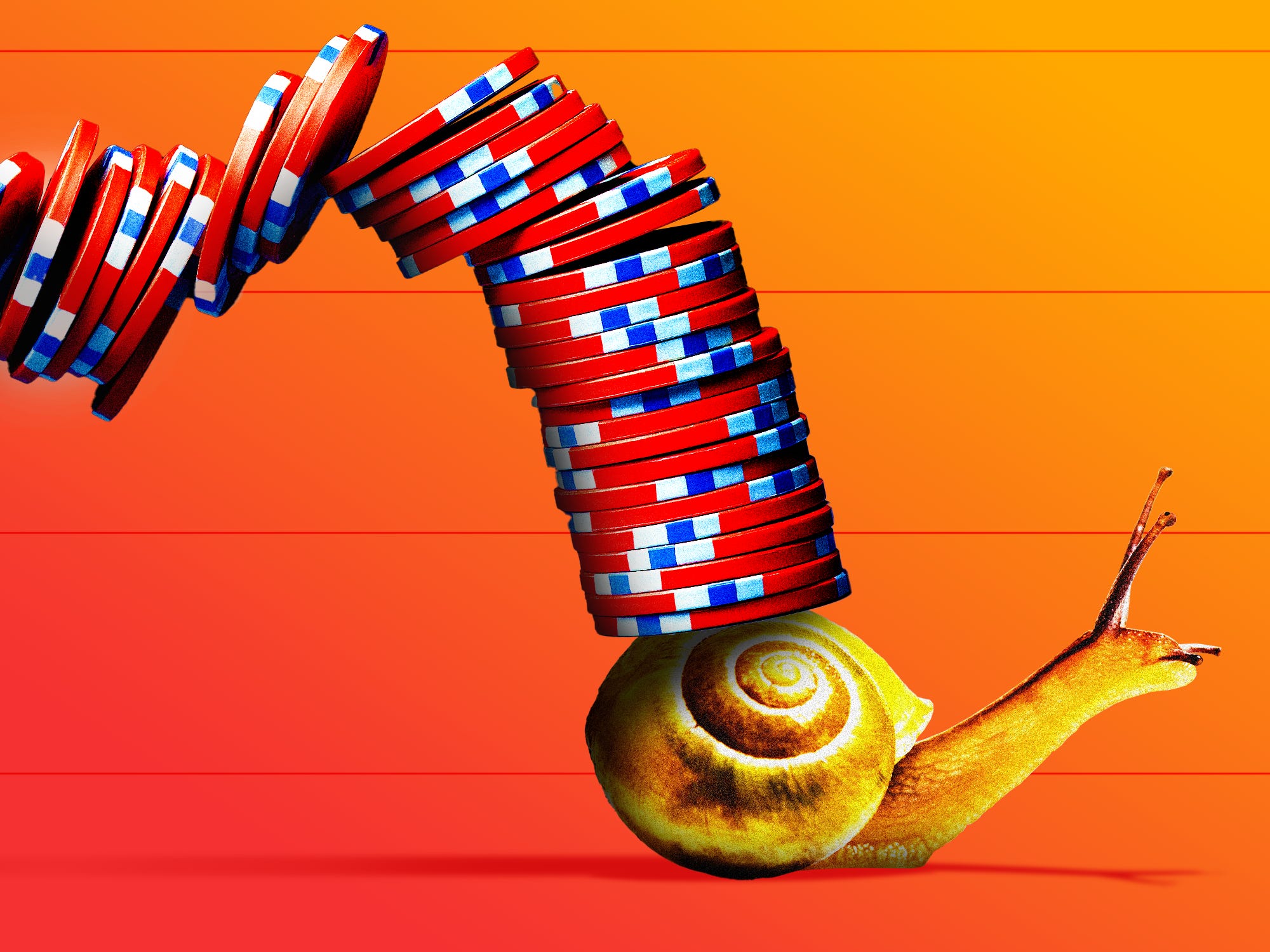 A snail carrying falling poker chips