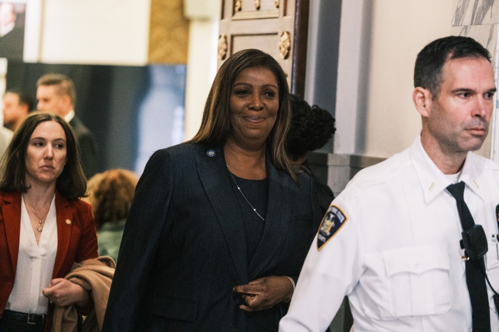 Letitia James leaving a courtroom.