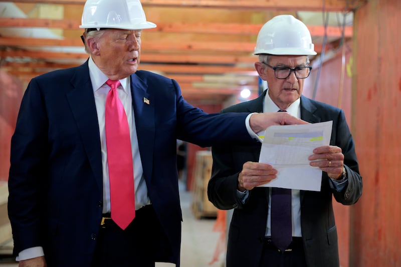 President Donald Trump and Federal Reserve Chair Jerome Powell tour the Federal Reserve’s $2.5 billion headquarters renovation project on July 24, 2025 in Washington, DC.