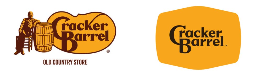 Cracker Barrel's logo from 1977 until 2025 at left, featuring an old man in overalls sitting and leaning his arm on a wooden barrel, and the chain's logo from 2025, featuring the company's name against a yellow background in the shape of a barrel, on the right.