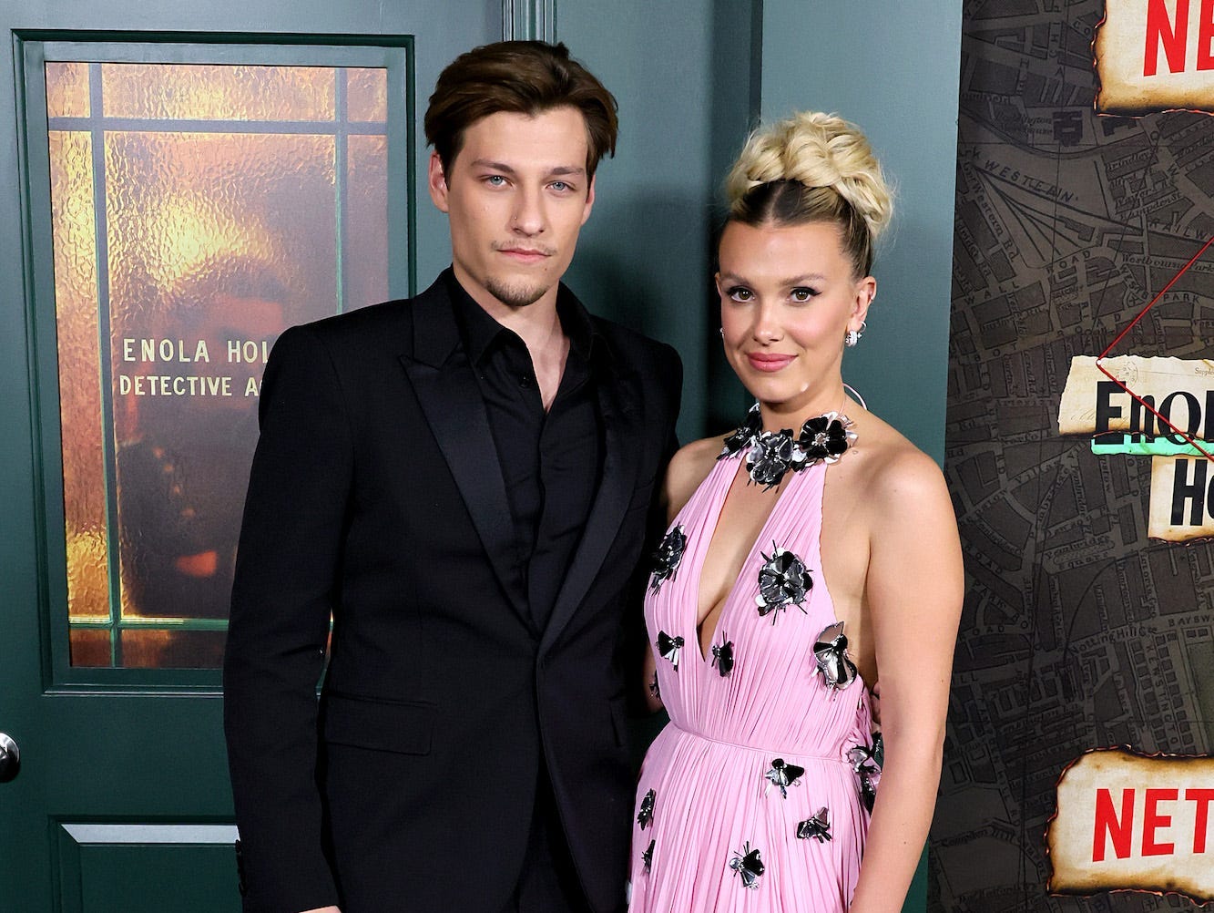 Jake Bongiovi and Millie Bobby Brown at the "Enola Holmes 2" premiere on October 27, 2022.