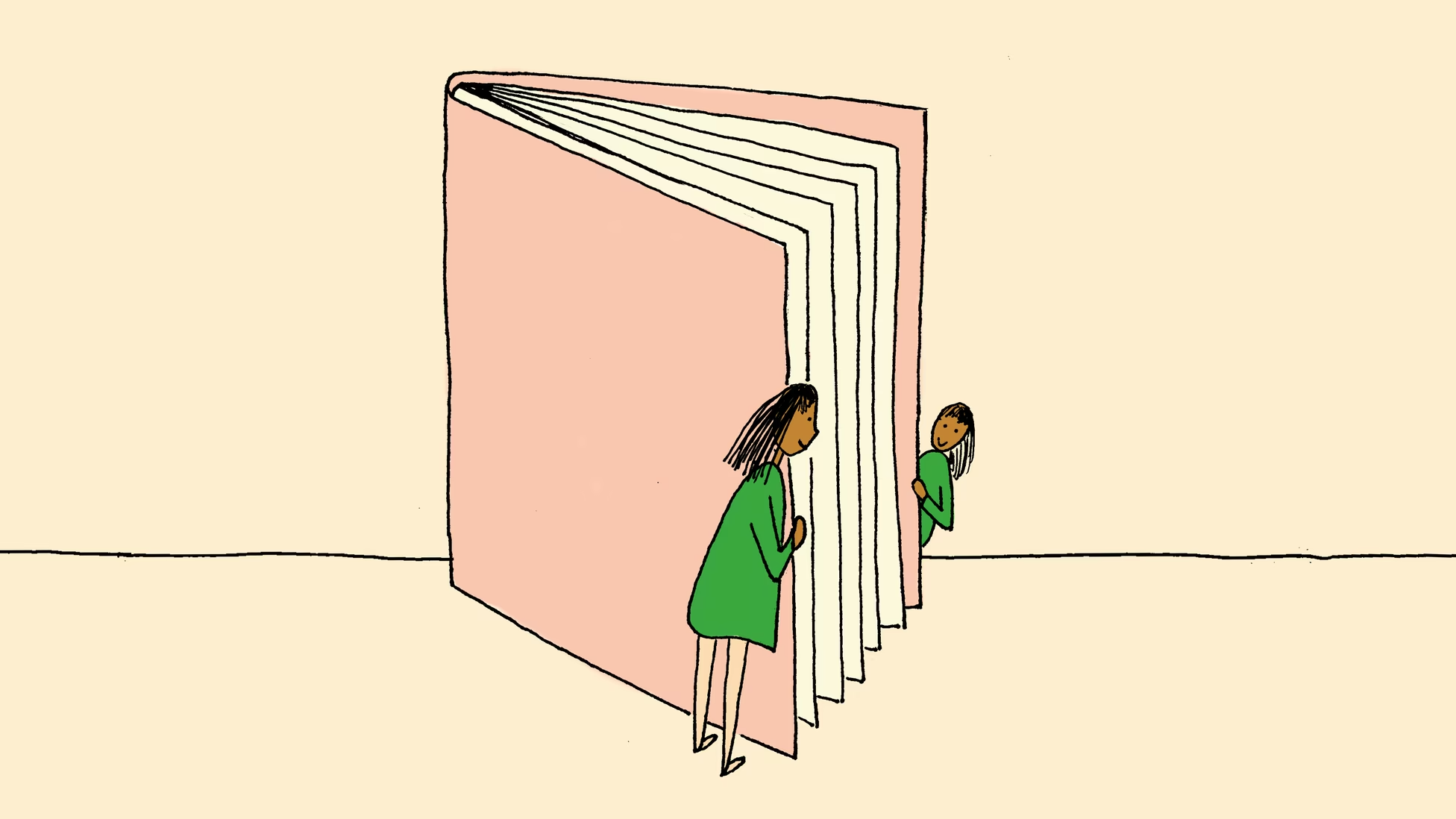 An illustration of two girls peeking over the covers of a book