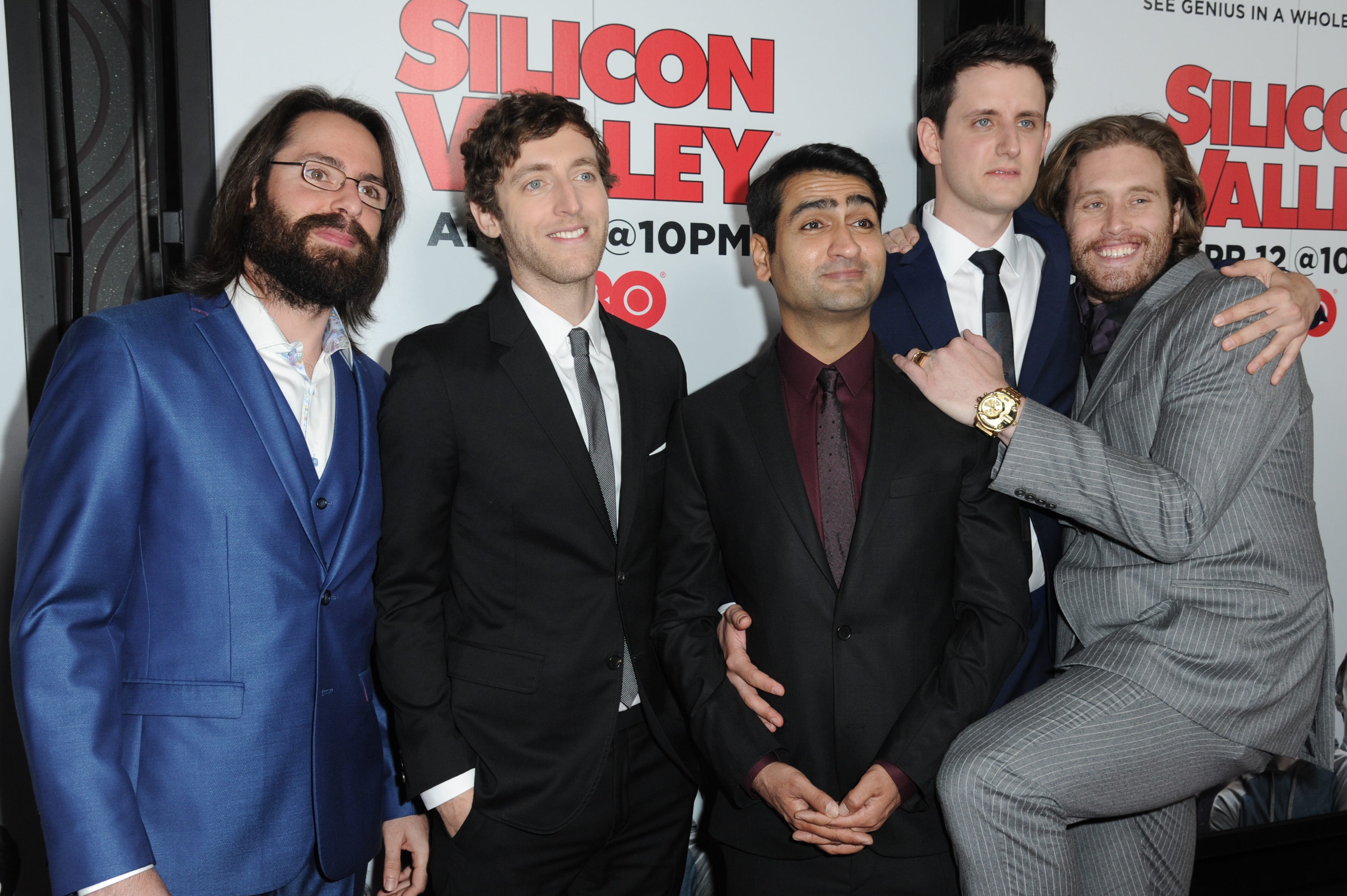 Kumail Nanjiani and the cast of "Silicon Valley" in 2015.