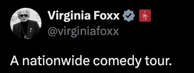 Screenshot of a tweet by Virginia Foxx calling Kamala Harris's book tour a nationwide comedy tour.