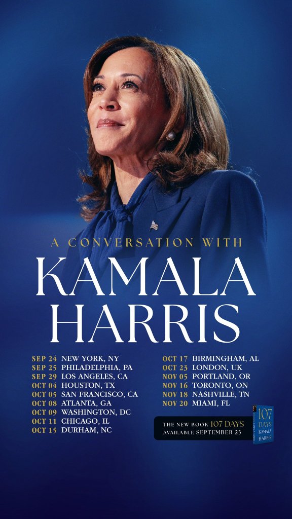 Book cover featuring Kamala Harris; tour dates listed.