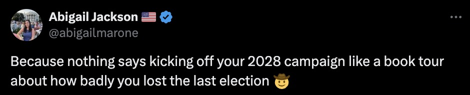 Screenshot of a tweet criticizing Kamala Harris's book tour.