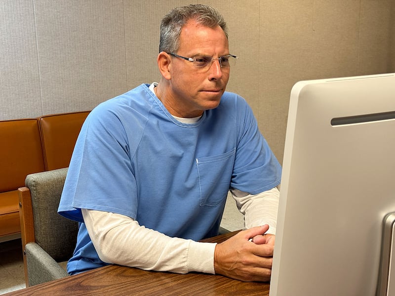Erik Menendez appears before the parole board via teleconference at the Richard J. Donovan Correctional Facility on August 21, 2025,  in San Diego. Menendez was denied release more than 36 years after he and his brother Lyle killed their parents in their Beverly Hills mansion. Lyle appears before the board Friday.