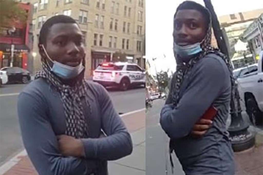 Two images of a young man wearing a face mask and scarf, standing on a city street with a police car in the background.