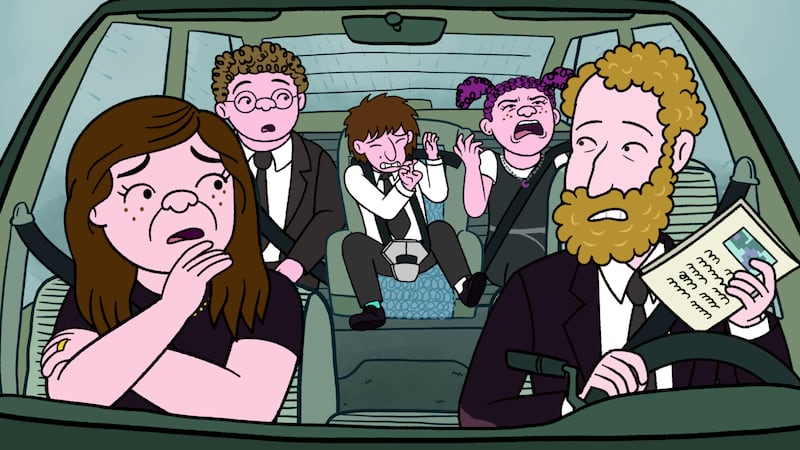 (L-R) Lisa Edelstein as Naomi Schwartz, Ben Feldman as Avi Schwooper, Max Greenfield as Yoshi Schwooper, Abbi Jacobson as Shira Schwooper and Paul Reiser as Elliot Cooper in Long Story Short.