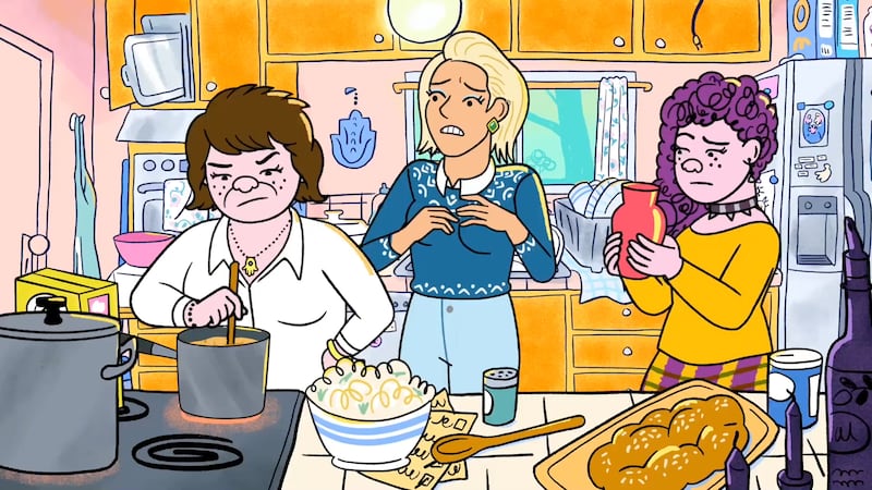 (L-R) Lisa Edelstein as Naomi Schwartz, Angelique Cabral as Jen and Abbi Jacobson as Shira Schwooper in Long Story Short.