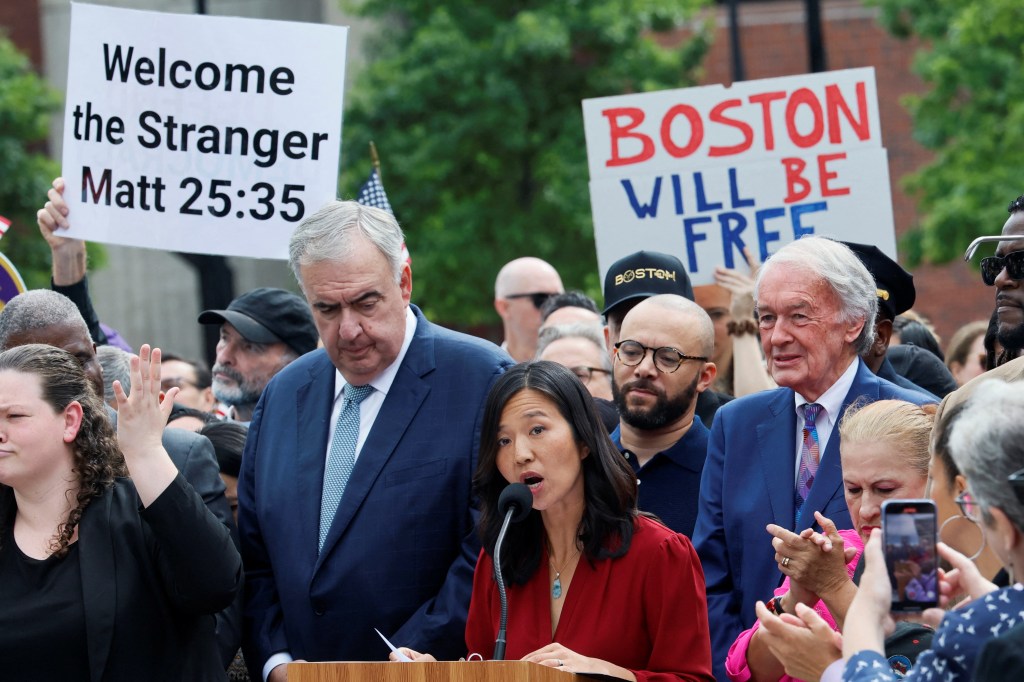 Boston Mayor Michelle Wu speaking at a press conference.