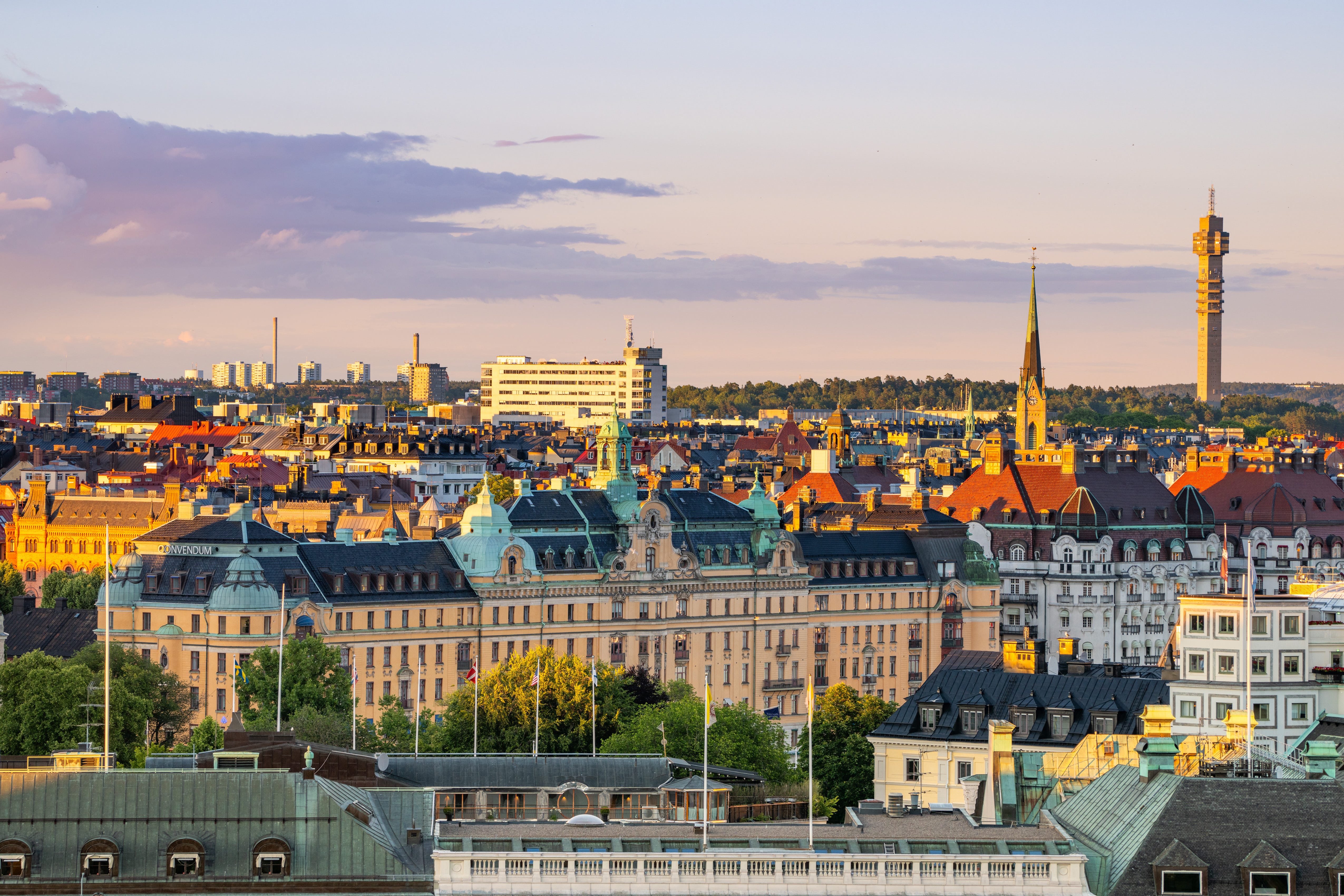 General views of the Stockholm city skyline at sunset on June 19, 2024