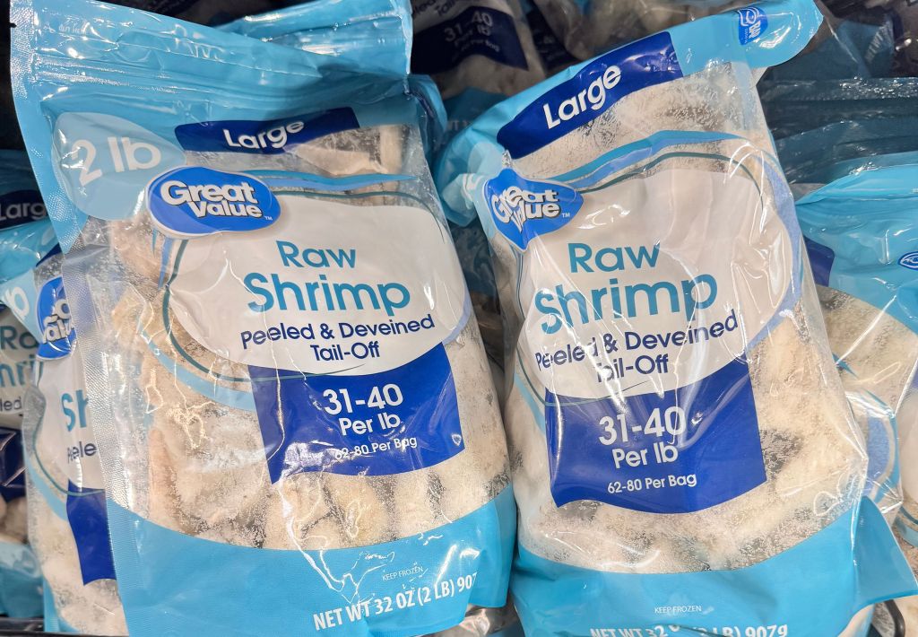 Two bags of Great Value frozen raw shrimp.