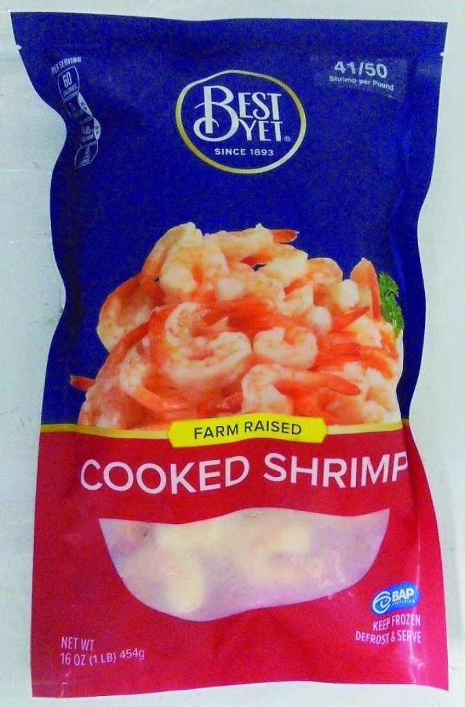 Package of Best Yet cooked farm-raised shrimp.