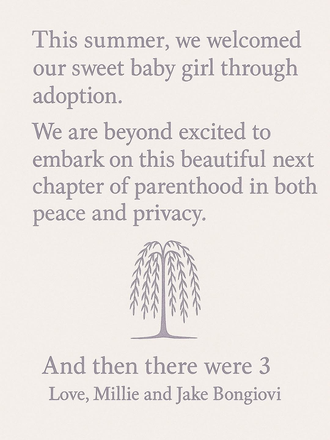 Millie Bobby Brown and Jake Bongiovi's baby announcement post.