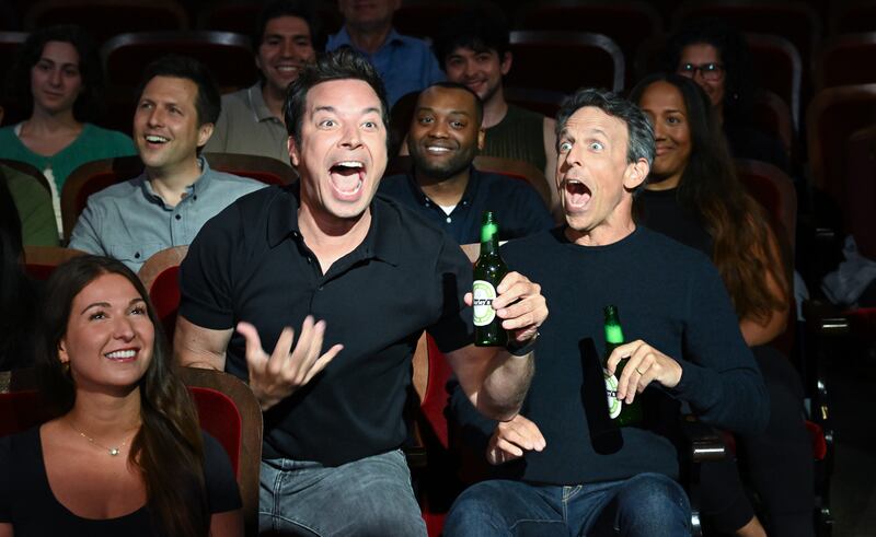 Seth Meyers and jimmy Fallon on The Late Show with Stephen Colbert