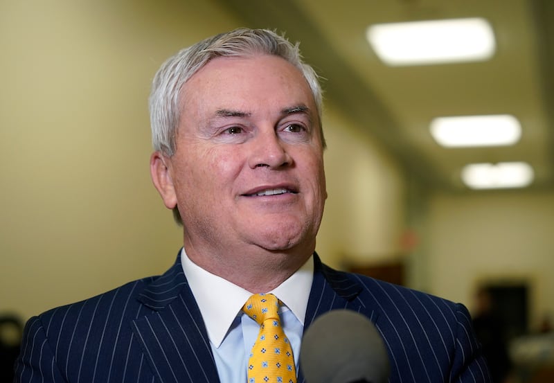 WASHINGTON, DC - FEBRUARY 12: House Oversight Committee Chairman Rep. James Comer (R-KY) talks to reporters before a House Oversight and Government Reform Subcommittee on Delivering on Government Efficiency hearing in the Rayburn House Office Building on February 12, 2025 in Washington, DC. The subcommittee held a hearing titled “The War on Waste: Stamping Out the Scourge of Improper Payments and Fraud”. (Photo by Al Drago/Getty Images)
