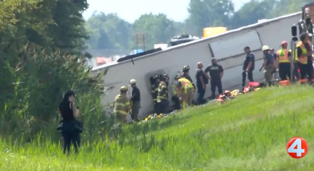 Emergency responders at the scene of a bus crash.