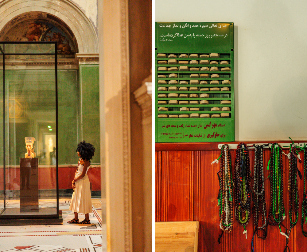 Two photos, one of a woman in a museum looking at a display case, another of beads hanging on a wall.