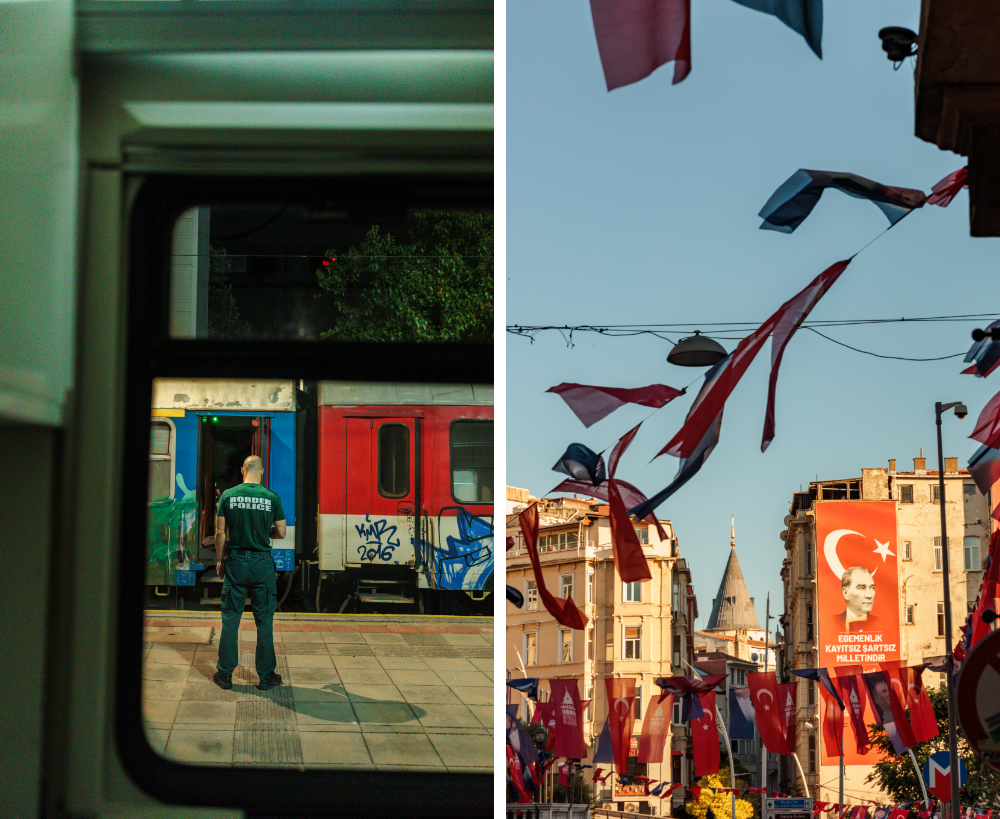 Two photos, one of a guard on a train platform seen from behind, and another with Turkish flags and banners flying over a street scene.