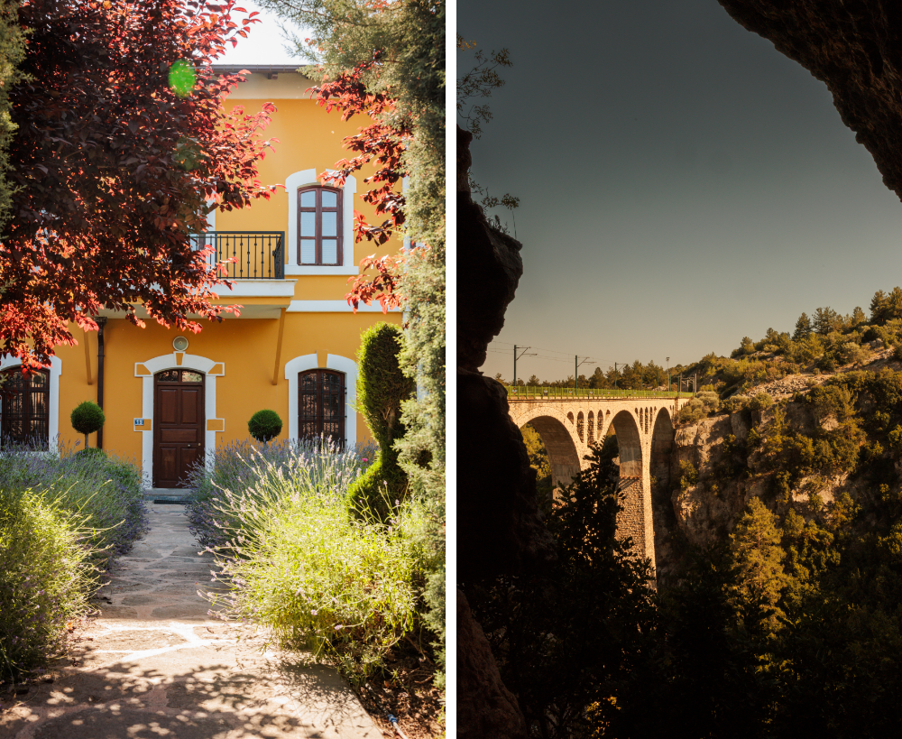 Two photos, one of a yellow two-story building, the other of a tall arched bridge across a ravine.