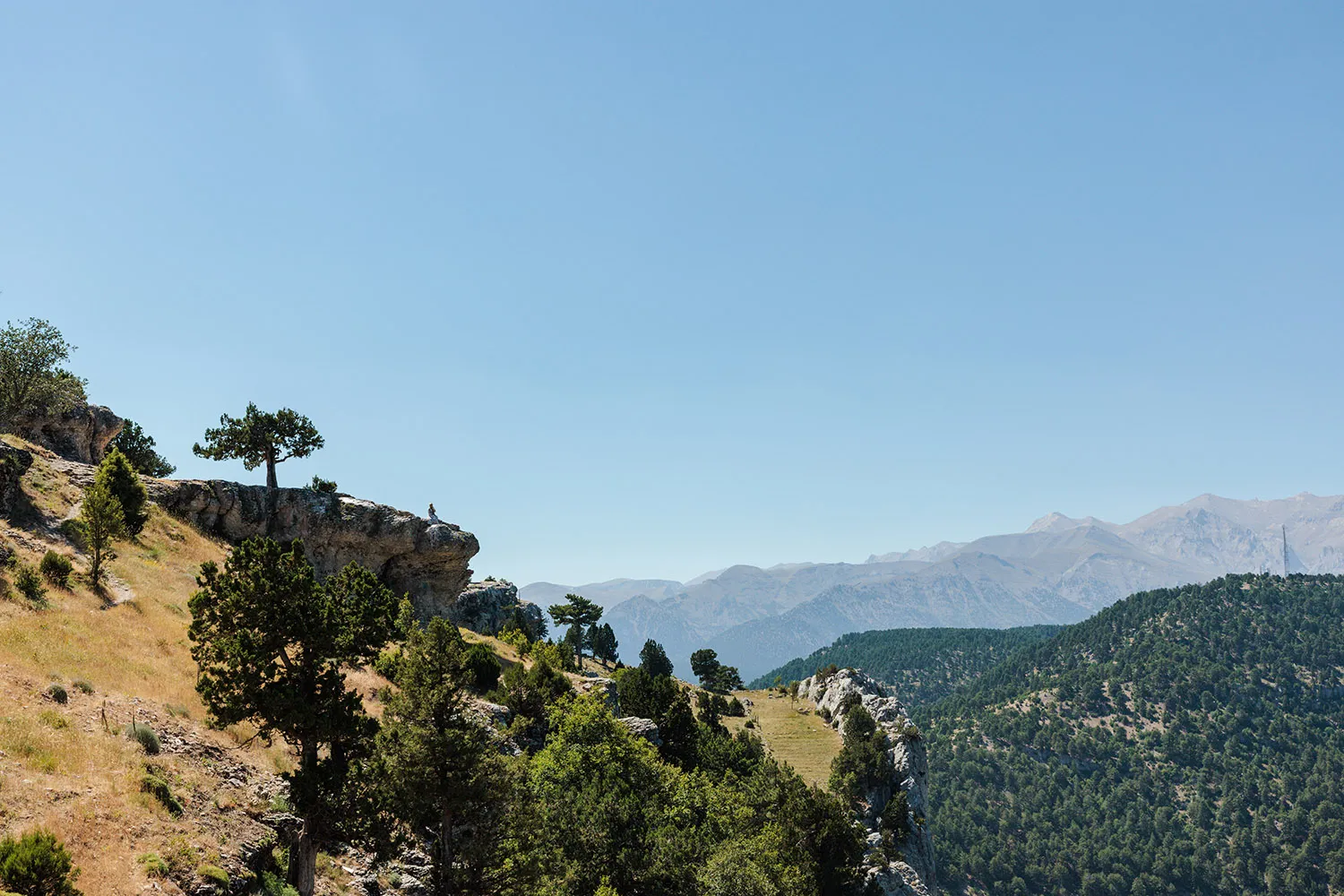 Seen from a distance, a person is on a ledge overlooking a mountainous landscape with shrubby trees.