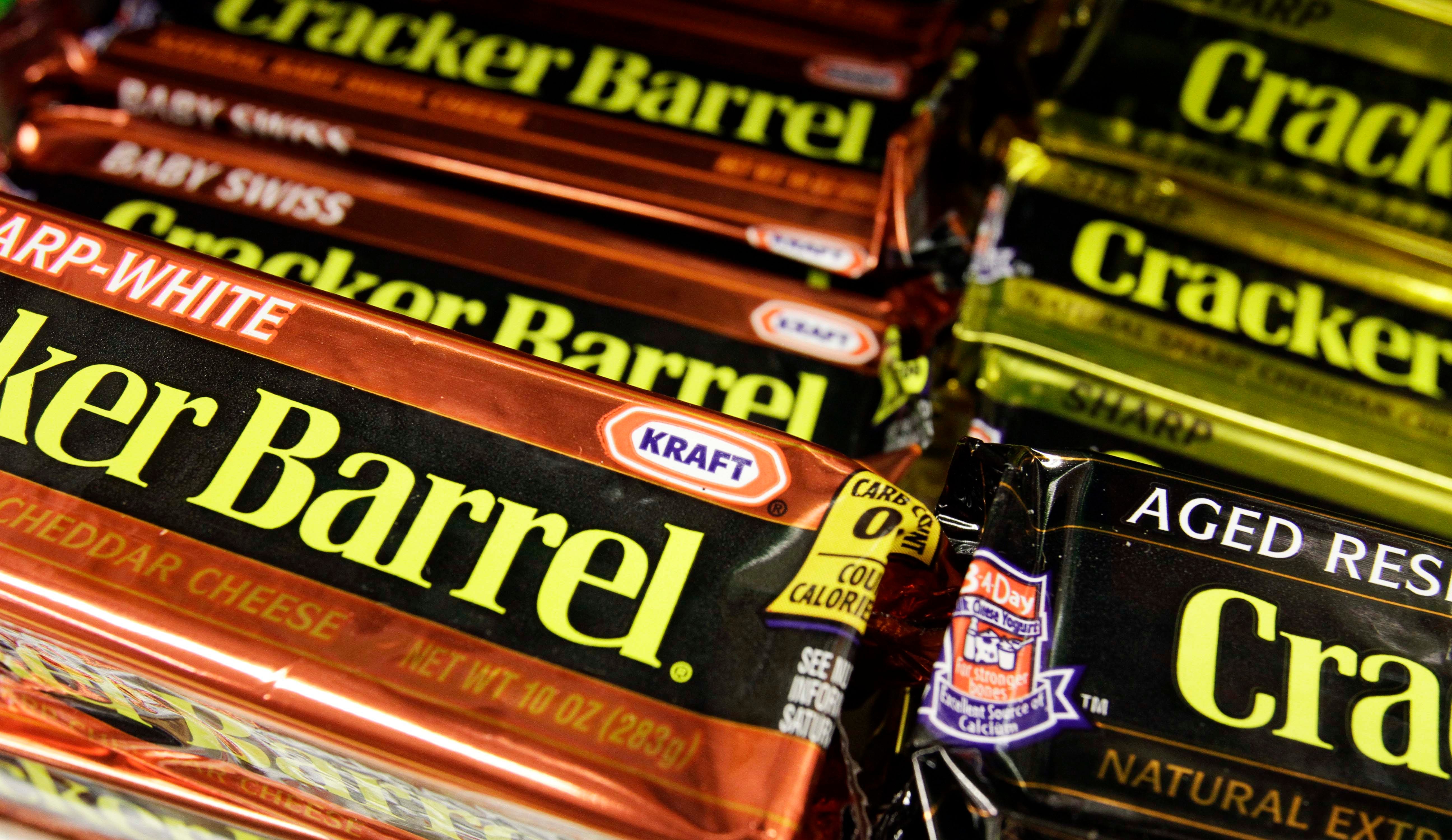 Cracker Barrel cheeses by Kraft are pictured.