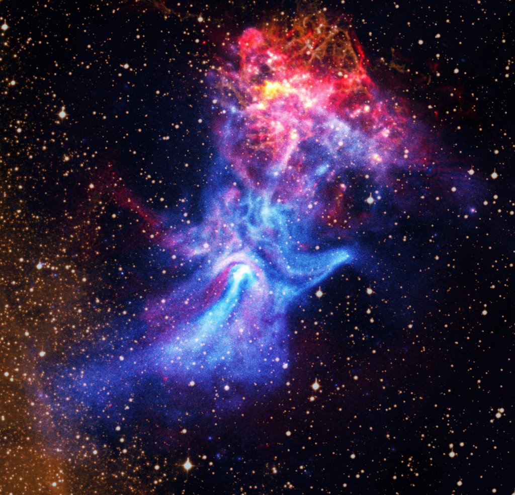 NASA’s Chandra X-ray Observatory captured the “cosmic hand,” a pulsar-powered nebula stretching 150 light-years across space.