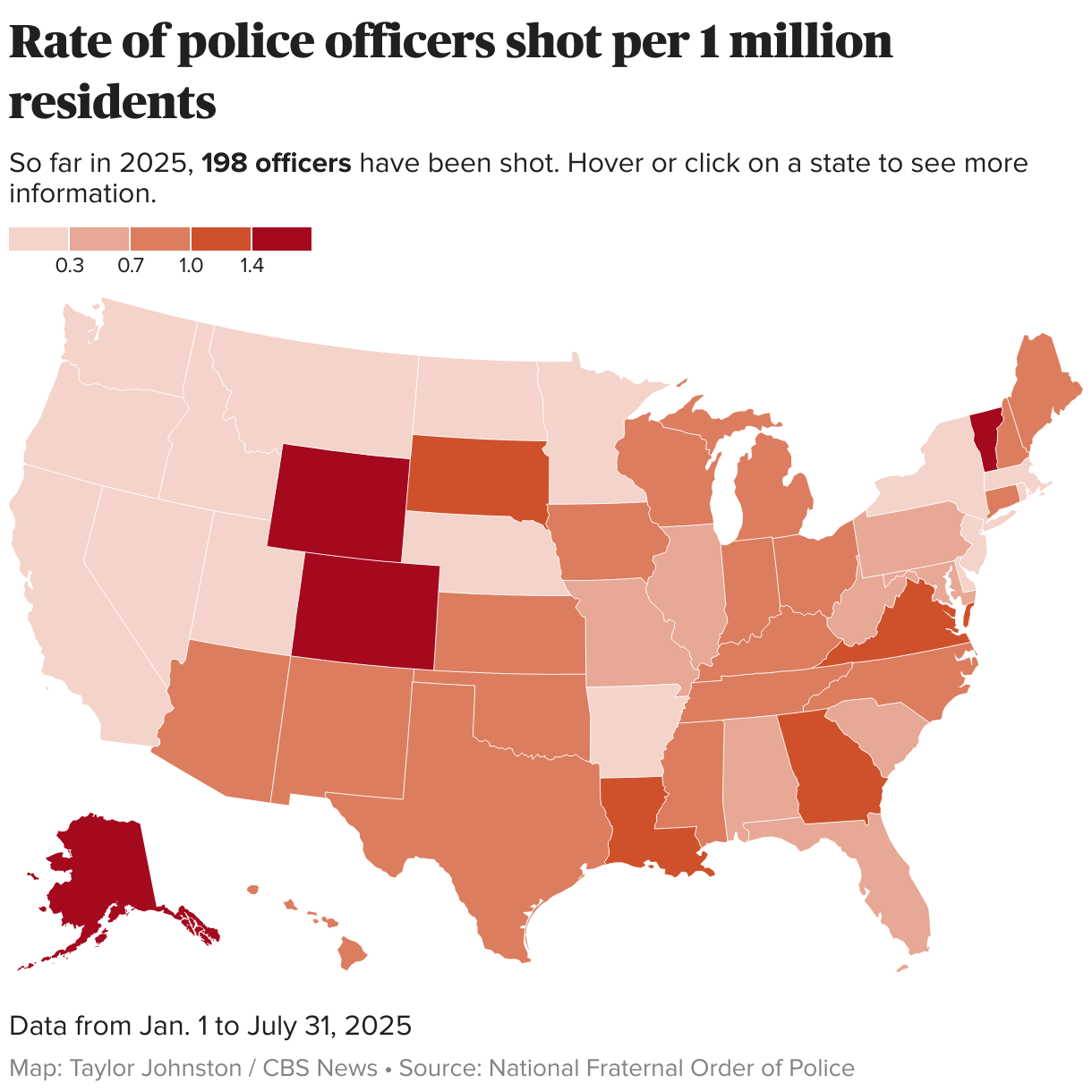 Rate of police officers shot per 1 million residents (Choropleth map)
