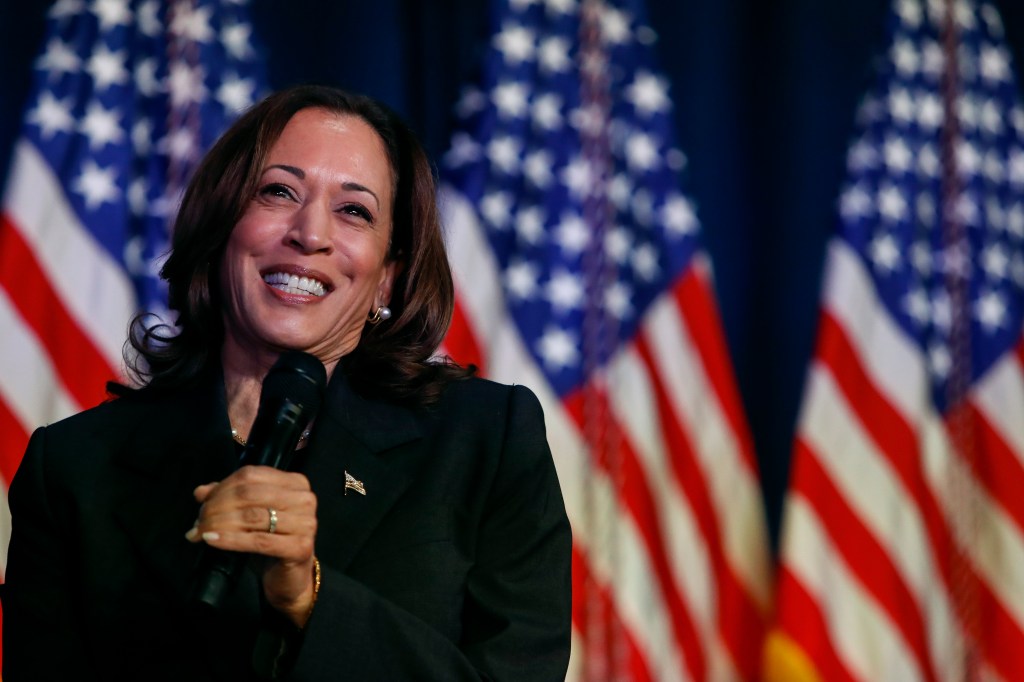 Vice President Kamala Harris speaking at a campaign event.