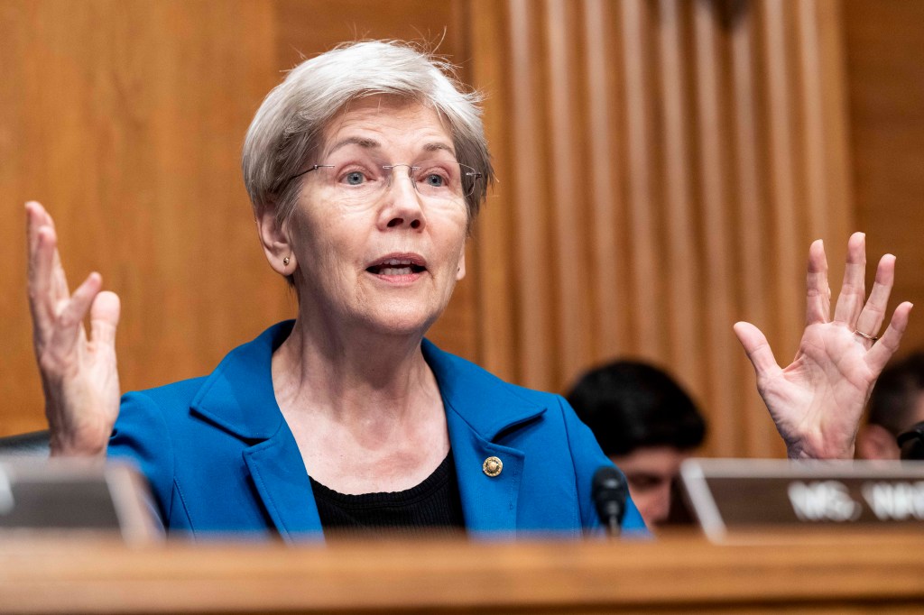 Senator Elizabeth Warren speaking at a Senate hearing on cryptocurrency regulation.