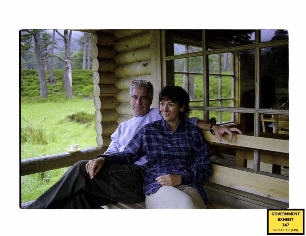 Photo of Jeffrey Epstein and Ghislaine Maxwell sitting on a porch.