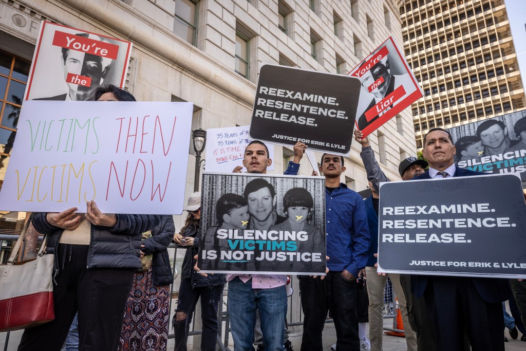 Protestors advocating for the release of Erik and Lyle Menendez in downtown LA.